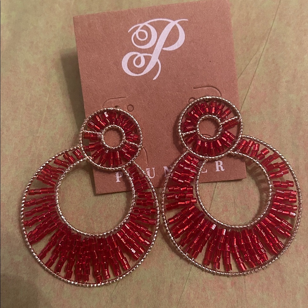 Red Beaded Double Hoop Earrings